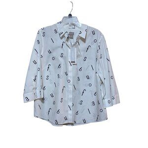 NWT Chicos Letters Blouse XL No Iron Stain Shield Letters Writer Poet 3.5 18